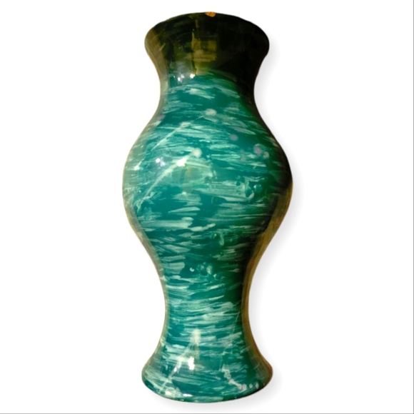 Vtg Vase Green Marbled Ceramic Glazed Pink Inside. - Picture 2 of 5